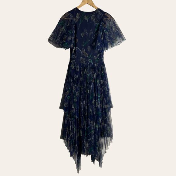 Marchesa Voyage Iris Blue Sheer Pleated Floral Print V-Neck Midi Dress 2 - Picture 15 of 16